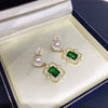 Women's Retro Style Natural Freshwater Pearl Earrings With Square Zircon And Alloy Inlaid Artificial Gemstones