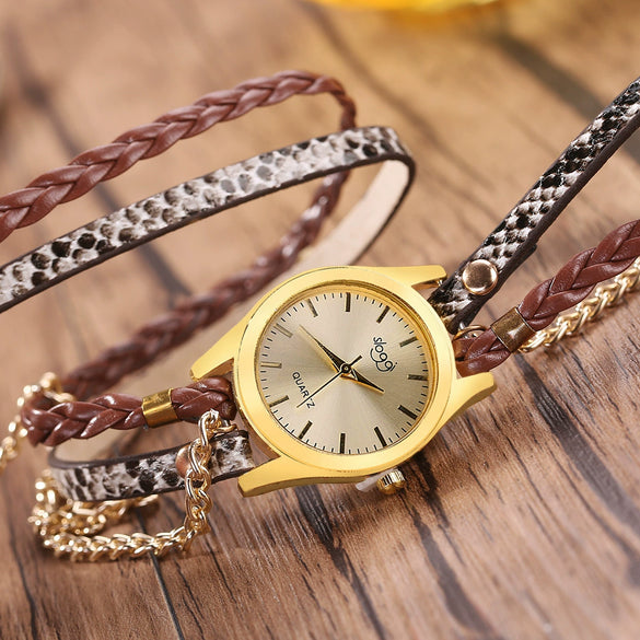 Women's Retro Style Winding Bracelet Watch With Braided Snake Pattern Imitation Leather Strap And Alloy Case