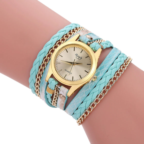 Women's Retro Style Winding Bracelet Watch With Braided Snake Pattern Imitation Leather Strap And Alloy Case