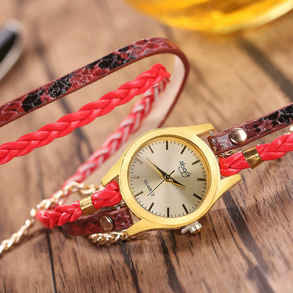 Women's Retro Style Winding Bracelet Watch With Braided Snake Pattern Imitation Leather Strap And Alloy Case