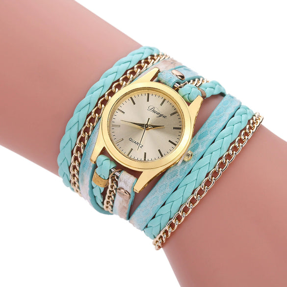 Women's Retro Style Winding Bracelet Watch With Braided Snake Pattern Imitation Leather Strap And Alloy Case