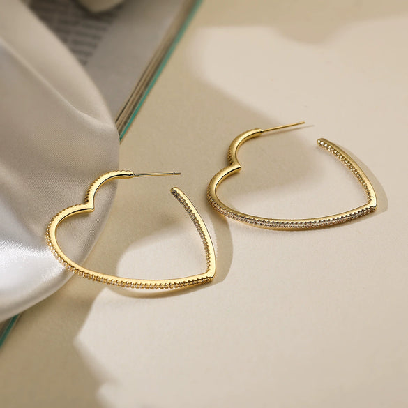 Women's Retro Stylish Copper 18K Gold Plated Geometric Heart Micropaved Zircon Earrings