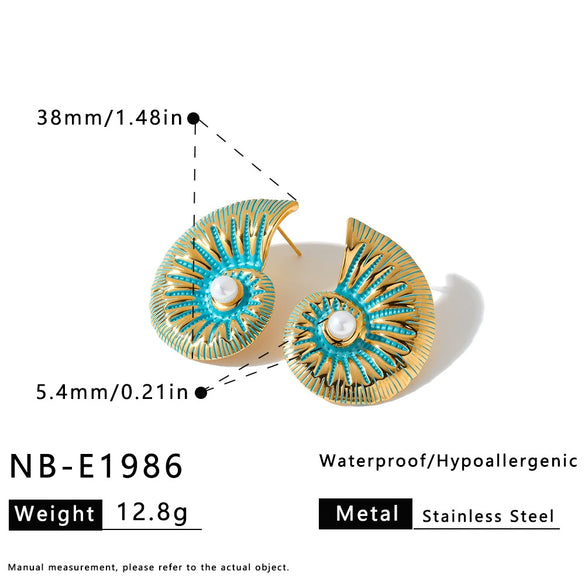 Women's Retro Textured Stainless Steel Pearl Earrings With Oil Drip Finish And Exaggerated Conch Geometric Design
