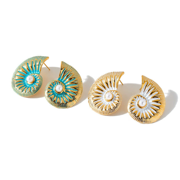 Women's Retro Textured Stainless Steel Pearl Earrings With Oil Drip Finish And Exaggerated Conch Geometric Design