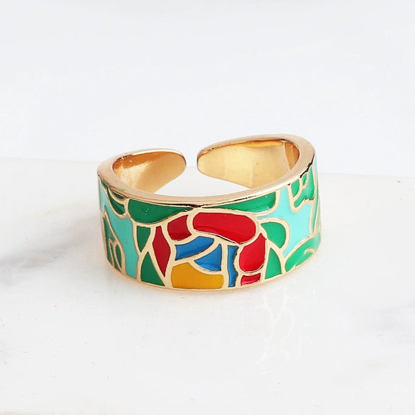 Women's Retro Wide Blue Leaf Geometric Pattern Opening Adjustable Ring With Electroplating