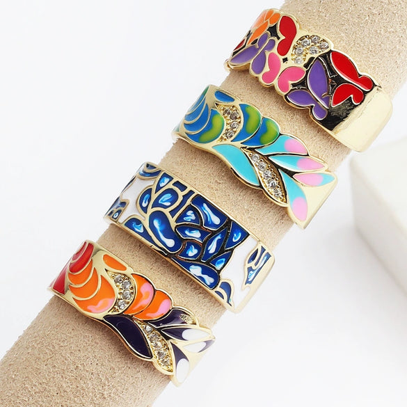 Women's Retro Wide Blue Leaf Geometric Pattern Opening Adjustable Ring With Electroplating