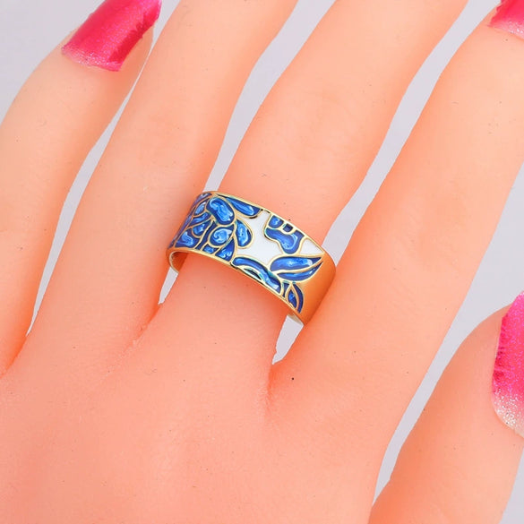 Women's Retro Wide Blue Leaf Geometric Pattern Opening Adjustable Ring With Electroplating