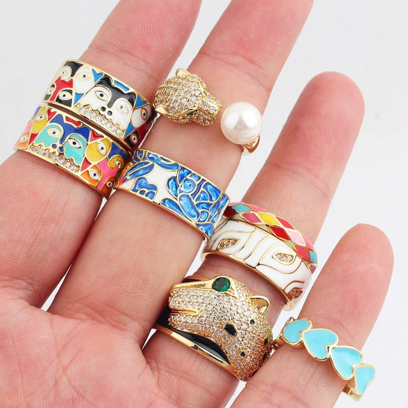 Women's Retro Wide Blue Leaf Geometric Pattern Opening Adjustable Ring With Electroplating