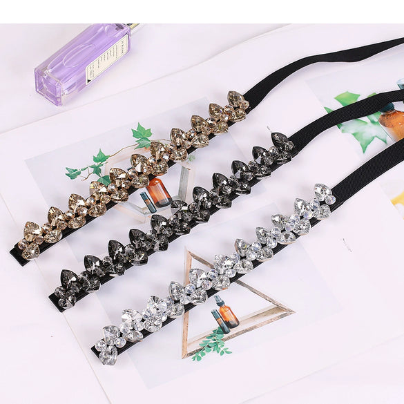 Women's Rhinestone Embellished Elastic Pu Leather Waist Belt With Alloy Buckle And Snap Closure