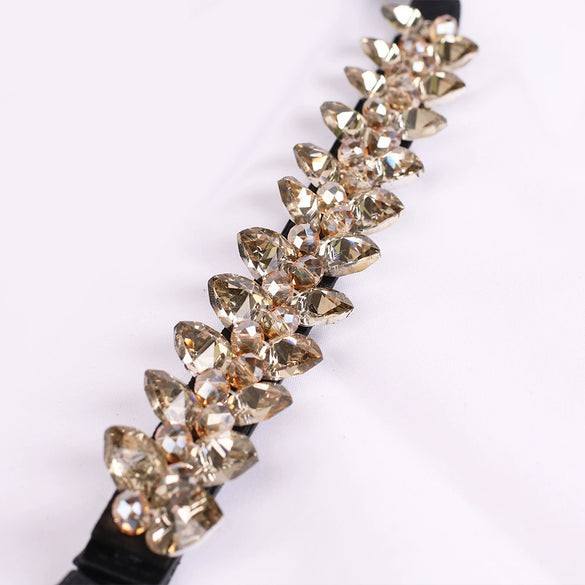 Women's Rhinestone Embellished Elastic Pu Leather Waist Belt With Alloy Buckle And Snap Closure
