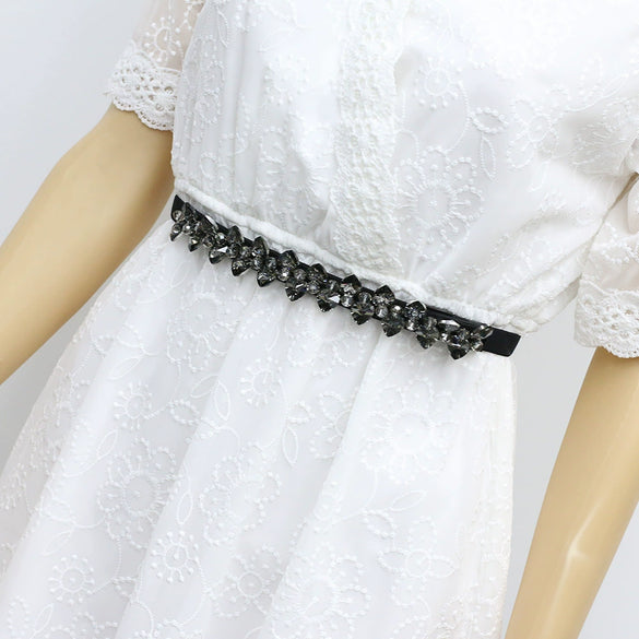 Women's Rhinestone Embellished Elastic Pu Leather Waist Belt With Alloy Buckle And Snap Closure