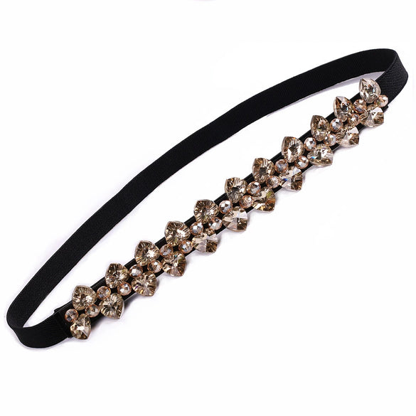 Women's Rhinestone Embellished Elastic Pu Leather Waist Belt With Alloy Buckle And Snap Closure