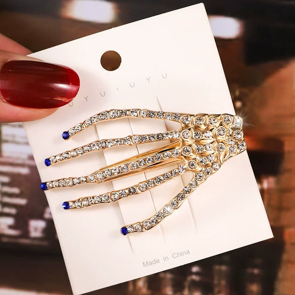 Women's Rhinestone Ghost Hand Side Hair Clip Cartoon Skull Claw Hairpin With Sparkling Diamond Style Detail