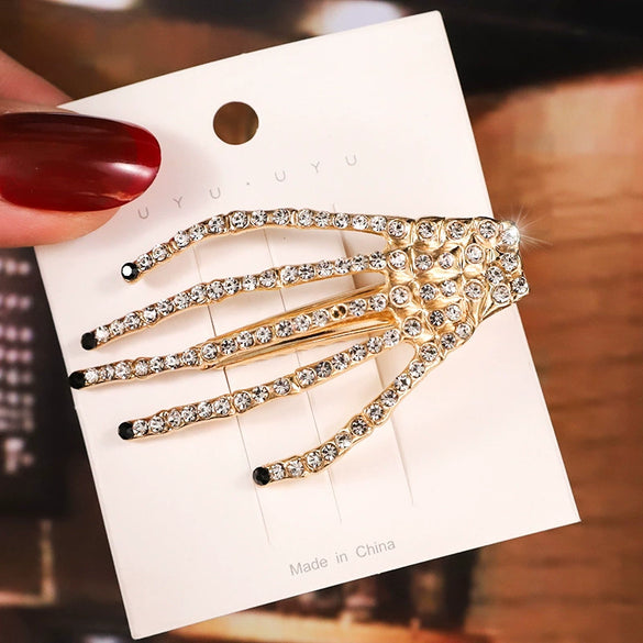 Women's Rhinestone Ghost Hand Side Hair Clip Cartoon Skull Claw Hairpin With Sparkling Diamond Style Detail