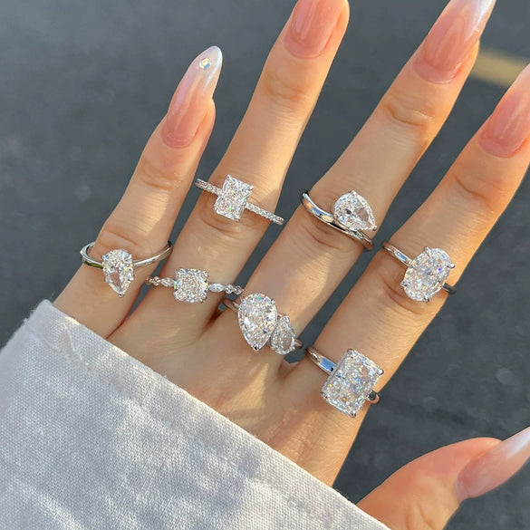 Women's Ring S925 Sterling Silver Geometric Style Flower Cut Square Water Drops Snowflake Zircon Electroplated