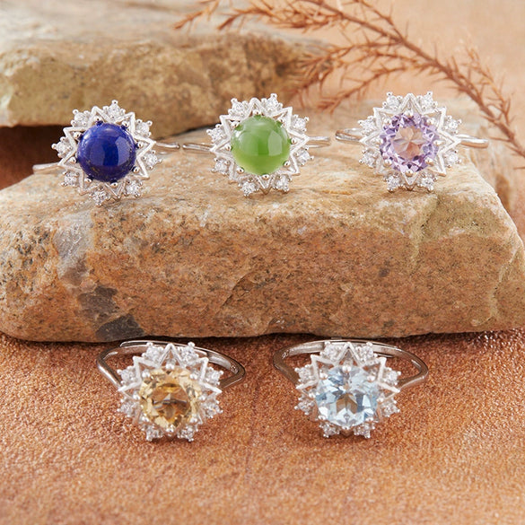 Women's Ring S925 Sterling Silver With Natural Jade Lapis Lazuli Topaz Amethyst Citrine Set With Crystal In Flower Shape