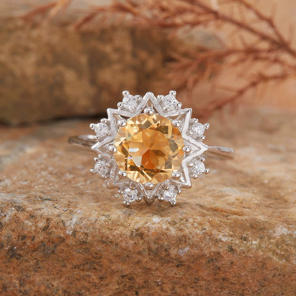 Women's Ring S925 Sterling Silver With Natural Jade Lapis Lazuli Topaz Amethyst Citrine Set With Crystal In Flower Shape