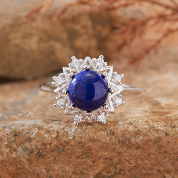 Women's Ring S925 Sterling Silver With Natural Jade Lapis Lazuli Topaz Amethyst Citrine Set With Crystal In Flower Shape