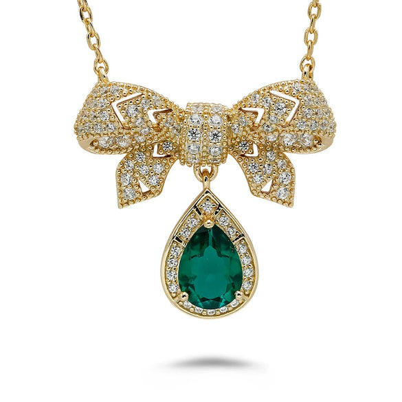 Women's Rococo Style Bow Pendant Necklace With Cultured Ruby Emerald 925 Silver O Word Chain Electroplated