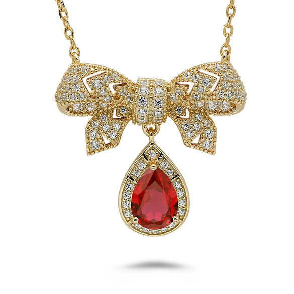 Women's Rococo Style Bow Pendant Necklace With Cultured Ruby Emerald 925 Silver O Word Chain Electroplated