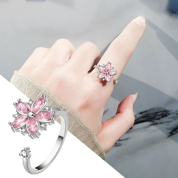 Women's Romantic Cherry Blossom Zircon Ring With Floral Open Design Adjustable Fit And Polished Electroplated Copper Finish