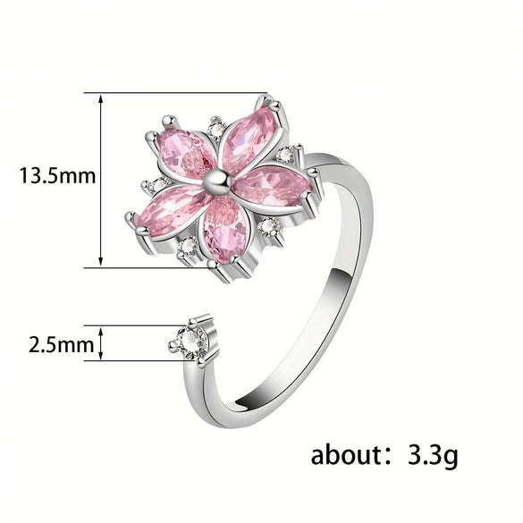 Women's Romantic Cherry Blossom Zircon Ring With Floral Open Design Adjustable Fit And Polished Electroplated Copper Finish