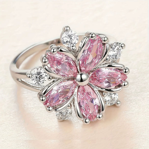 Women's Romantic Cherry Blossom Zircon Ring With Floral Open Design Adjustable Fit And Polished Electroplated Copper Finish