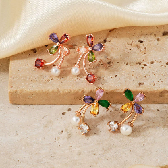 Women's Rose Gold Color Copper Flower Bud Pearl Earrings With Zirconia Simple Floral Jewelry