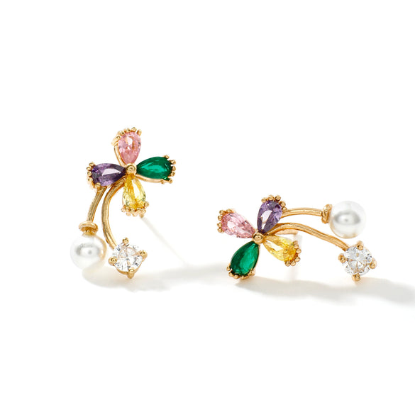 Women's Rose Gold Color Copper Flower Bud Pearl Earrings With Zirconia Simple Floral Jewelry