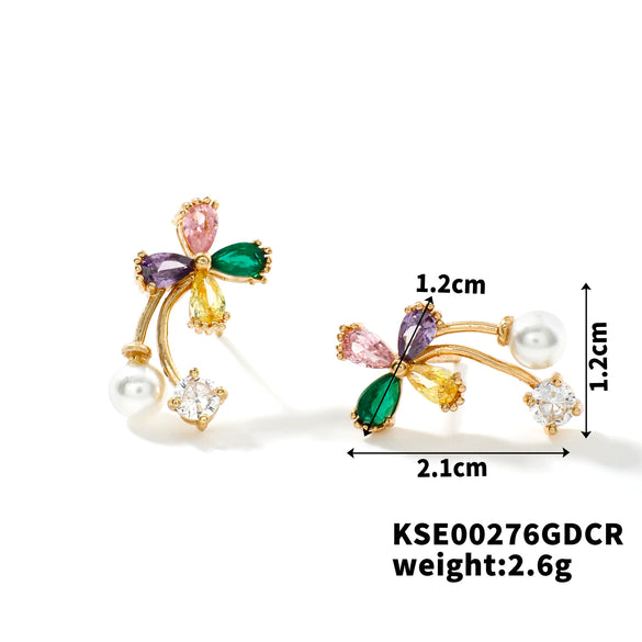 Women's Rose Gold Color Copper Flower Bud Pearl Earrings With Zirconia Simple Floral Jewelry