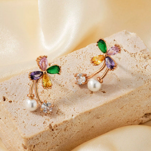 Women's Rose Gold Color Copper Flower Bud Pearl Earrings With Zirconia Simple Floral Jewelry