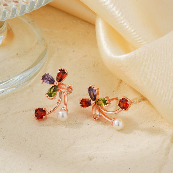 Women's Rose Gold Color Copper Flower Bud Pearl Earrings With Zirconia Simple Floral Jewelry