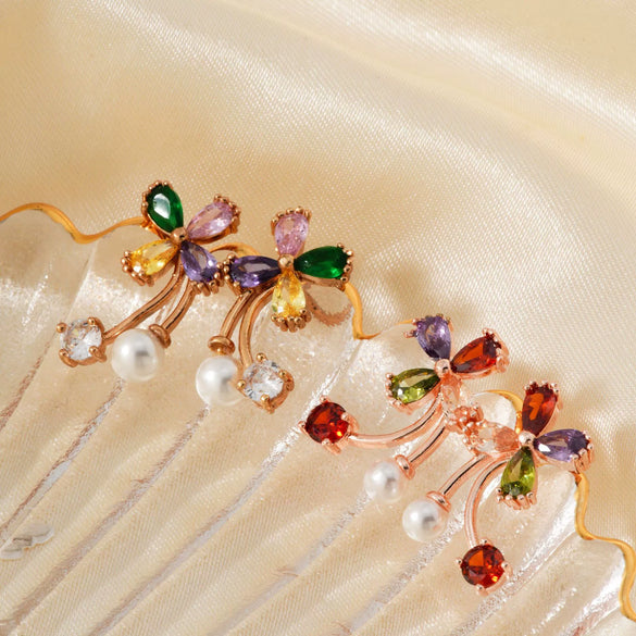 Women's Rose Gold Color Copper Flower Bud Pearl Earrings With Zirconia Simple Floral Jewelry