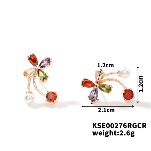 Women's Rose Gold Color Copper Flower Bud Pearl Earrings With Zirconia Simple Floral Jewelry