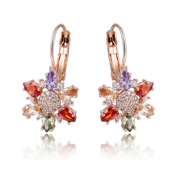 Women's Rose Gold Color Copper Flower Earrings With Mixed Color Zircon Crystal Inlay Natural Floral Jewelry