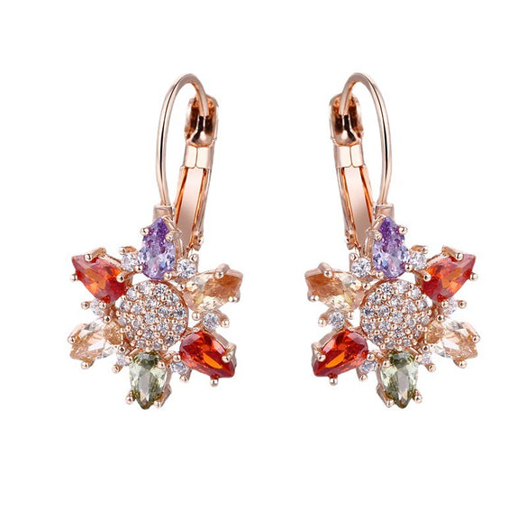 Women's Rose Gold Color Copper Flower Earrings With Mixed Color Zircon Crystal Inlay Natural Floral Jewelry