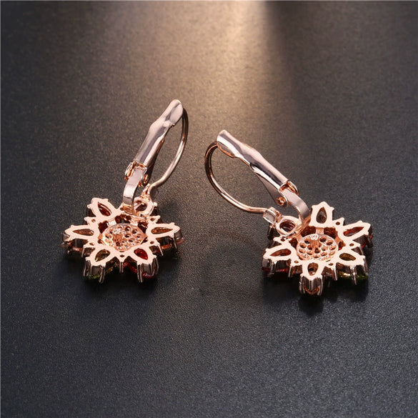Women's Rose Gold Color Copper Flower Earrings With Mixed Color Zircon Crystal Inlay Natural Floral Jewelry