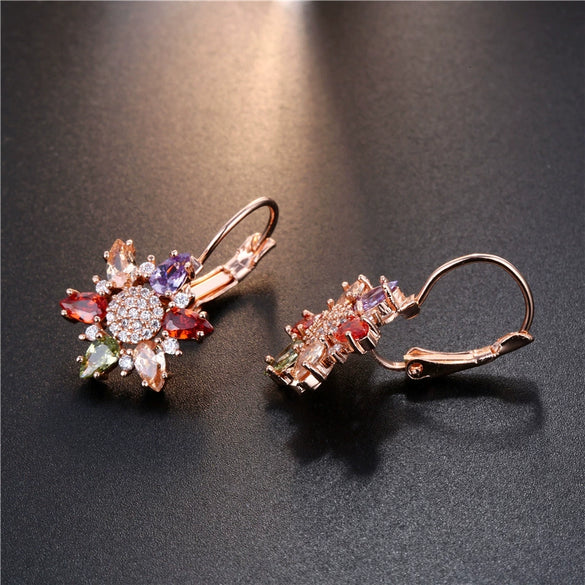 Women's Rose Gold Color Copper Flower Earrings With Mixed Color Zircon Crystal Inlay Natural Floral Jewelry