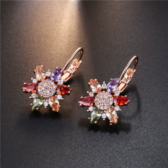 Women's Rose Gold Color Copper Flower Earrings With Mixed Color Zircon Crystal Inlay Natural Floral Jewelry