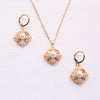 Women's Rose Gold Color Copper Pearl Flower Earrings And Necklace Jewelry Set With Mixed Gem Inlay Electroplated Floral Bridal Style