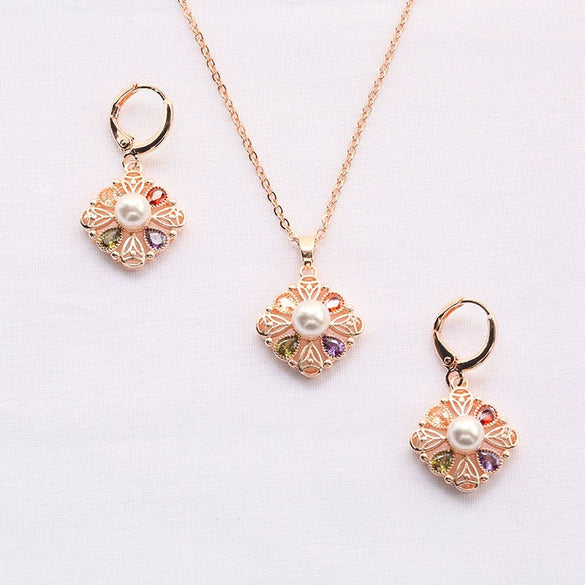 Women's Rose Gold Color Copper Pearl Flower Earrings And Necklace Jewelry Set With Mixed Gem Inlay Electroplated Floral Bridal Style