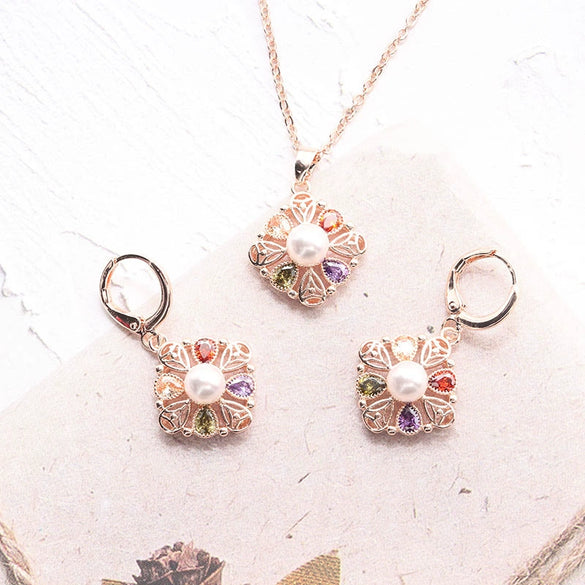 Women's Rose Gold Color Copper Pearl Flower Earrings And Necklace Jewelry Set With Mixed Gem Inlay Electroplated Floral Bridal Style