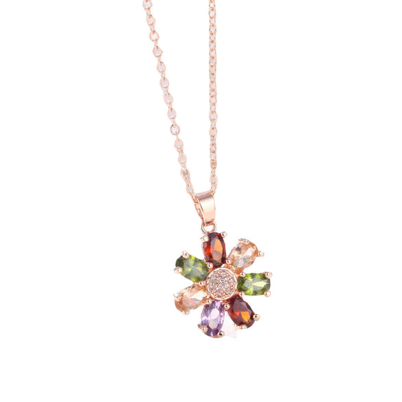 Women's Rose Gold Color Flower Pendant Necklace With Artificial Zircon O Chain Natural Floral Style Jewelry
