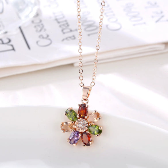 Women's Rose Gold Color Flower Pendant Necklace With Artificial Zircon O Chain Natural Floral Style Jewelry