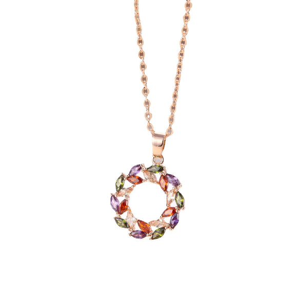 Women's Rose Gold Color Round Zircon Micro Inlaid Clavicle Necklace With O Chain Fashion Geometric Floral Pendant