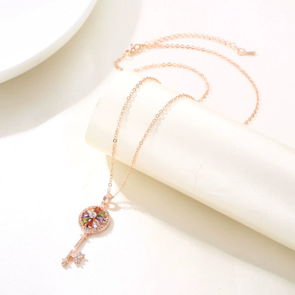 Women's Rose Gold Colorful Zircon Key Pendant Necklace With Small Clear Geometric Charm Copper O Chain