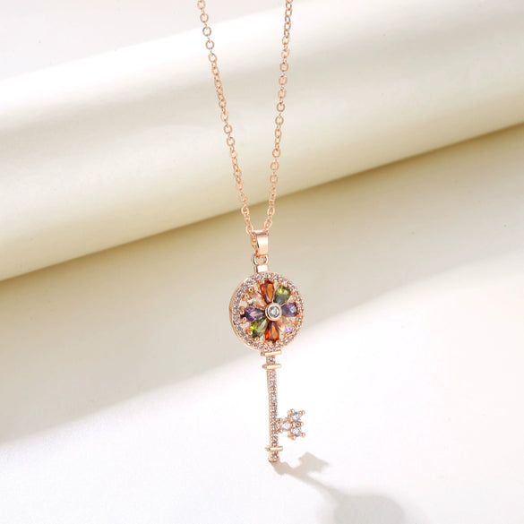 Women's Rose Gold Colorful Zircon Key Pendant Necklace With Small Clear Geometric Charm Copper O Chain