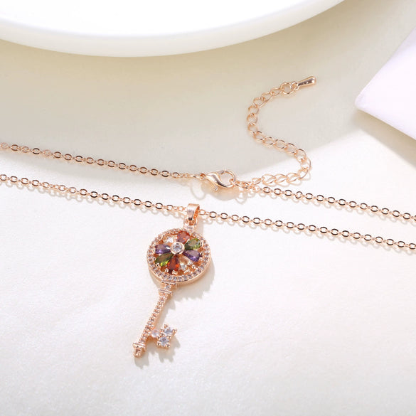 Women's Rose Gold Colorful Zircon Key Pendant Necklace With Small Clear Geometric Charm Copper O Chain
