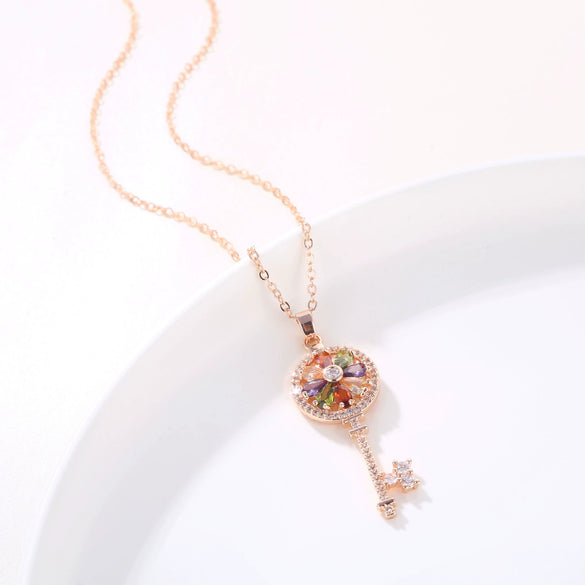 Women's Rose Gold Colorful Zircon Key Pendant Necklace With Small Clear Geometric Charm Copper O Chain