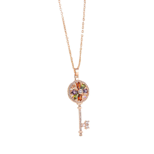 Women's Rose Gold Colorful Zircon Key Pendant Necklace With Small Clear Geometric Charm Copper O Chain